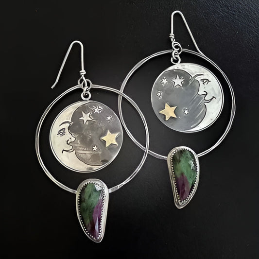 Vintage Grave Moon Green Stone Star Earrings