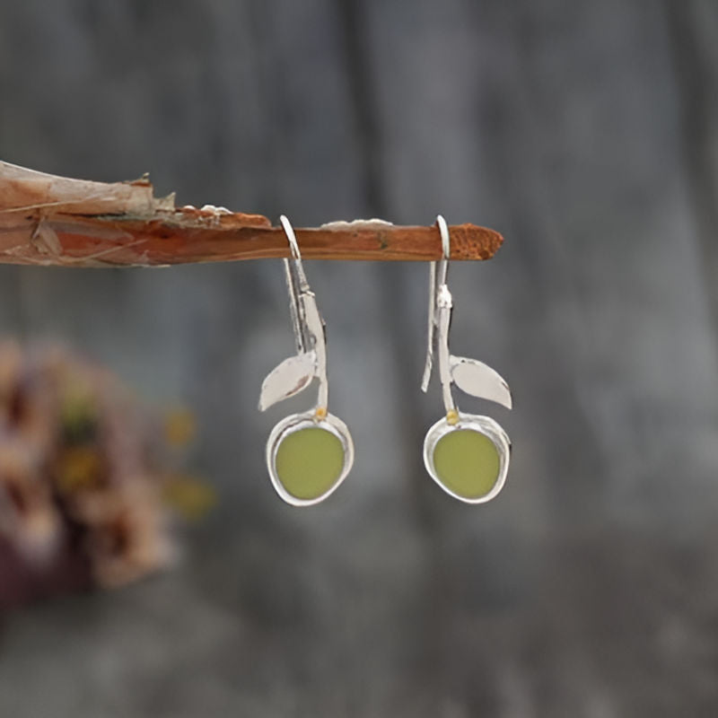 Silver Flower Leaf Green Stone Earrings