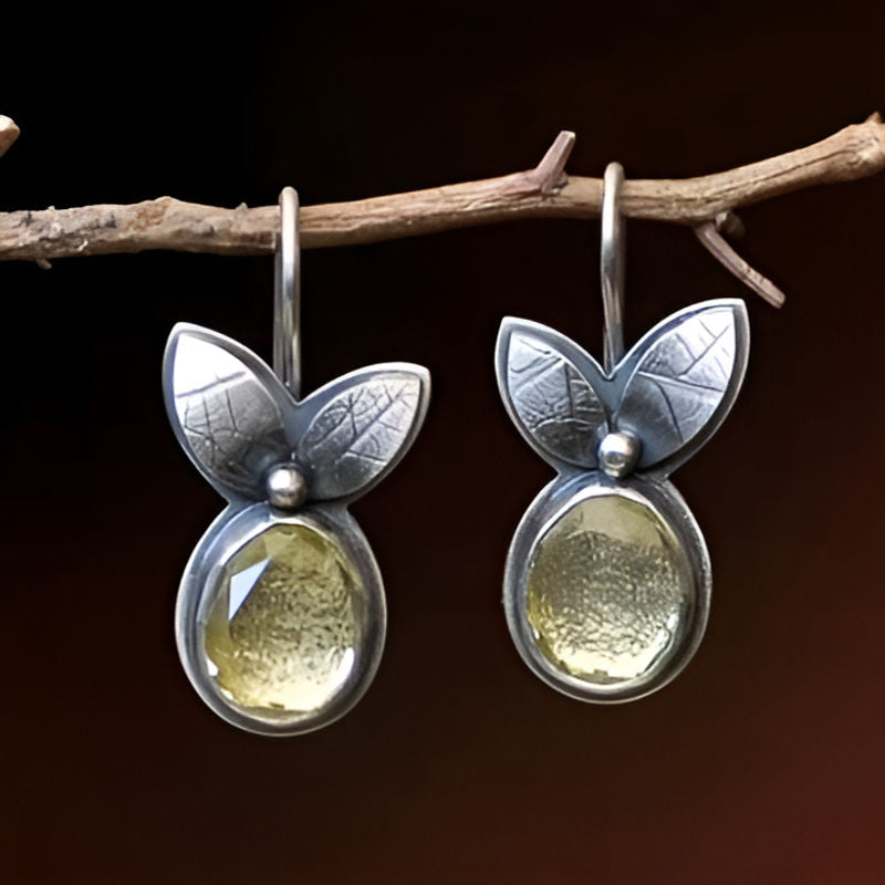 Vintage Grave Leaf Yellow Stone Earrings