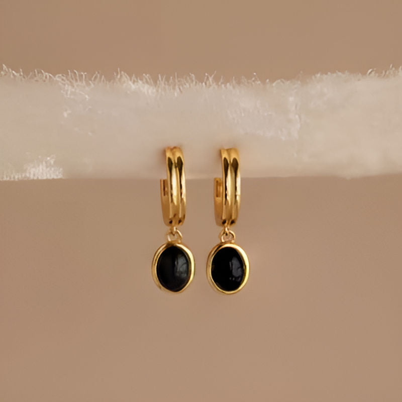 Gold Black Stone Dangle Earrings