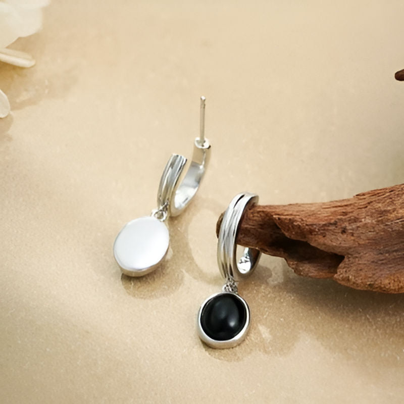 Silver Black Stone Dangle Earrings