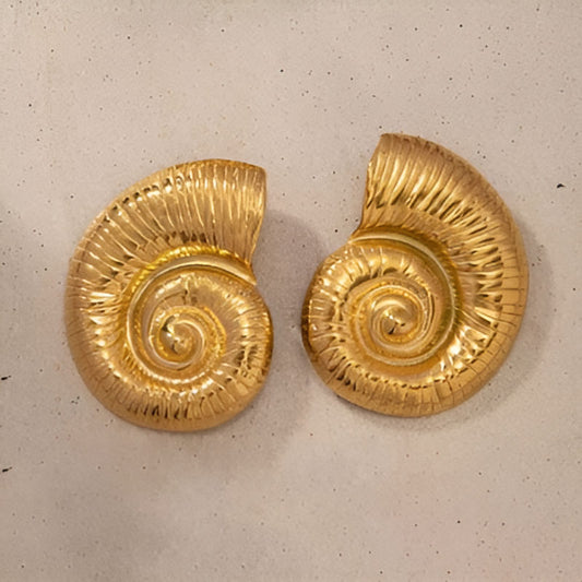 Gold Striped Scallop Seashell Earrings