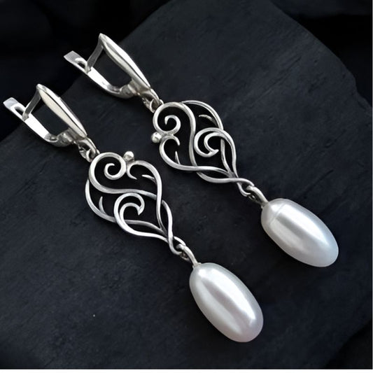 Vintage Silver Flower Pearl Earrings