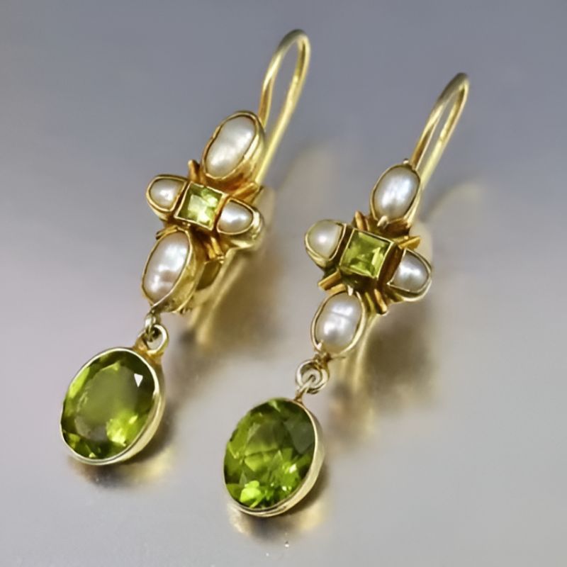Vintage Gold Pearl Green Stone Earrings