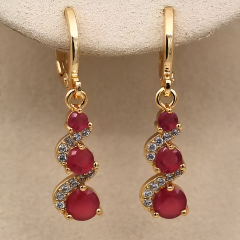 Vintage Gold Swirl Red Stone Earrings