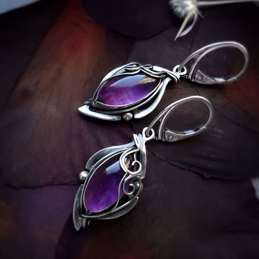 Silver Oval Purple Stone Earrings