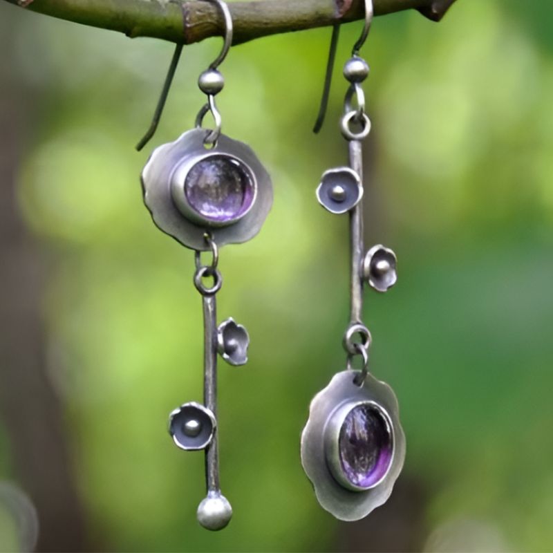 Vintage Purple Stone Flower Earrings