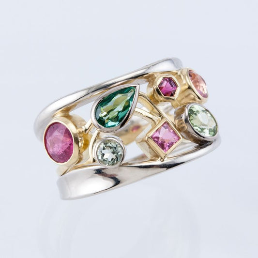 Vintage Colorful Stones Silver & Gold Ring