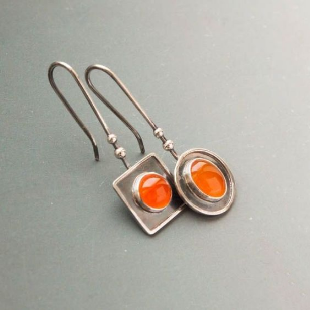 Vintage Orange Stones Silver Dangling Earrings